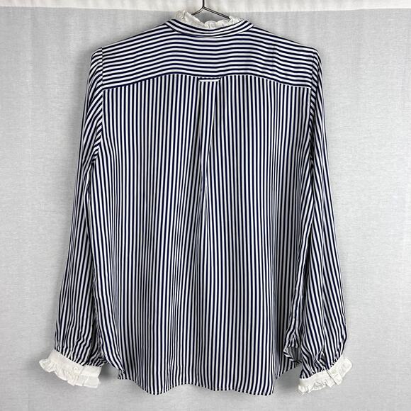 J. Crew Top Drapey Ruffle Trim Shirt Striped Old Money Nautical Victorian Preppy - Picture 3 of 6